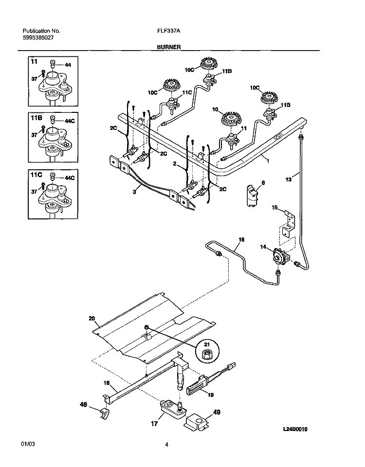 BURNER Diagram and Parts List for FLF337AUC  Frigidaire Range