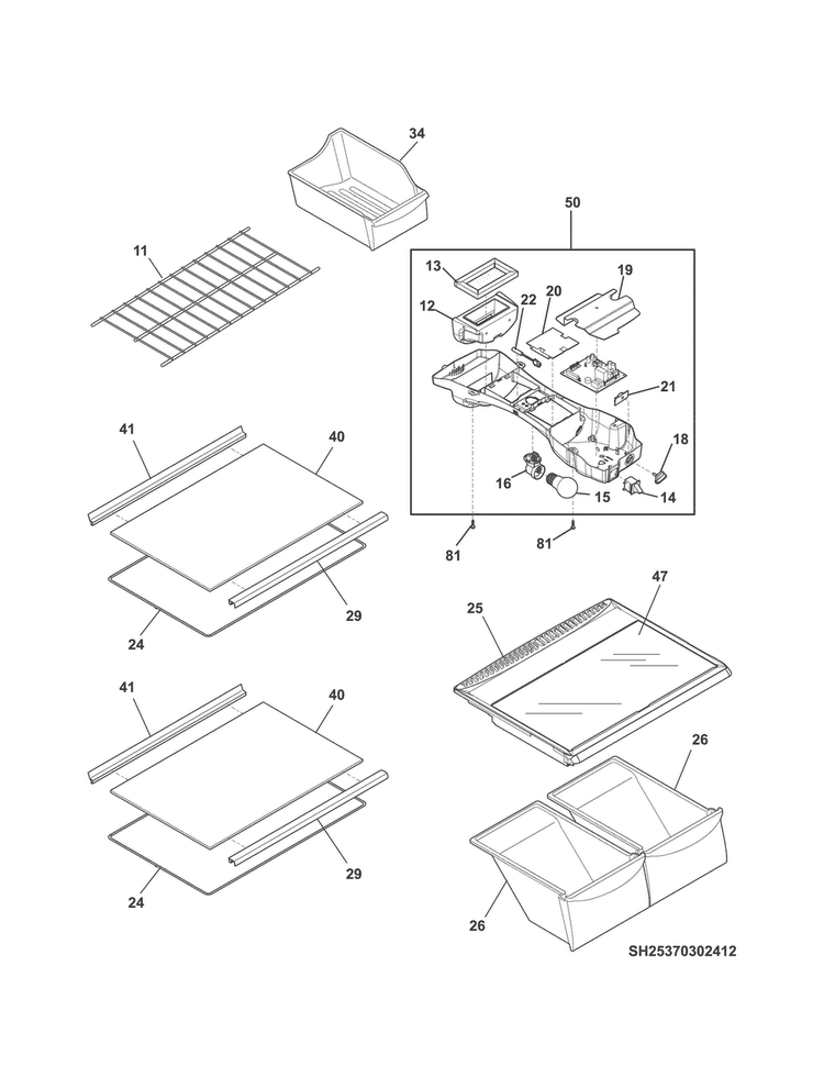 Shelves Diagram and Parts List for 25370304414  Kenmore Refrigerator