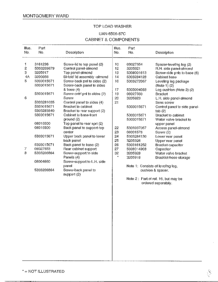 Cabinet And Components Page 2 Diagram and Parts List for 6506-87C  Frigidaire Washer