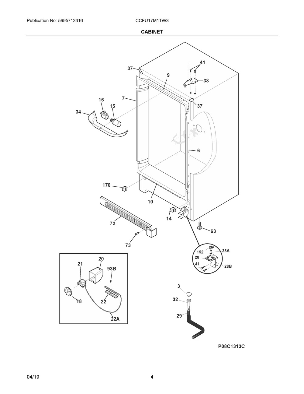 Cabinet Diagram and Parts List for CCFU17M1TW3  Frigidaire Freezer
