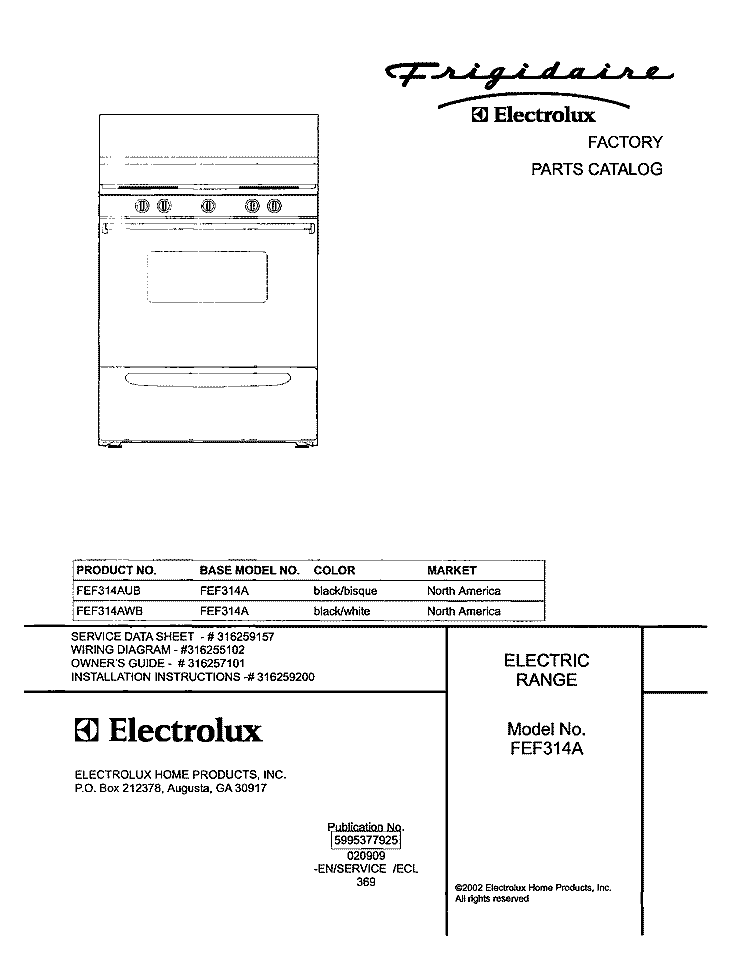 COVER Diagram and Parts List for FEF314AUB  Frigidaire Range