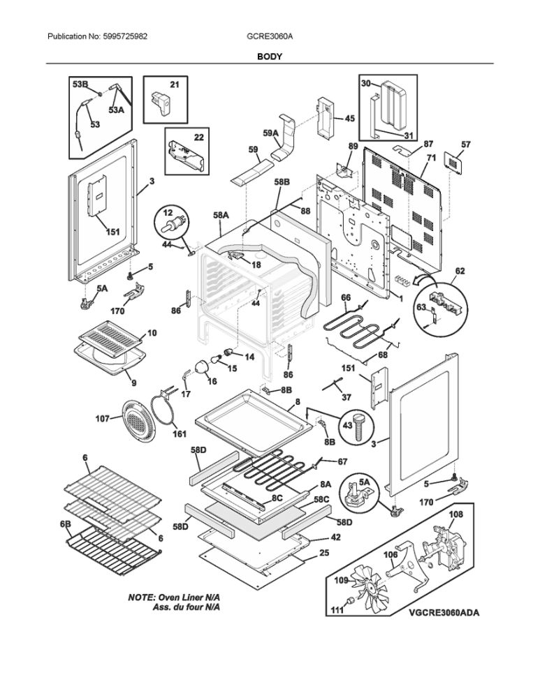 Body Diagram and Parts List for GCRE3060ADF  Frigidaire Range