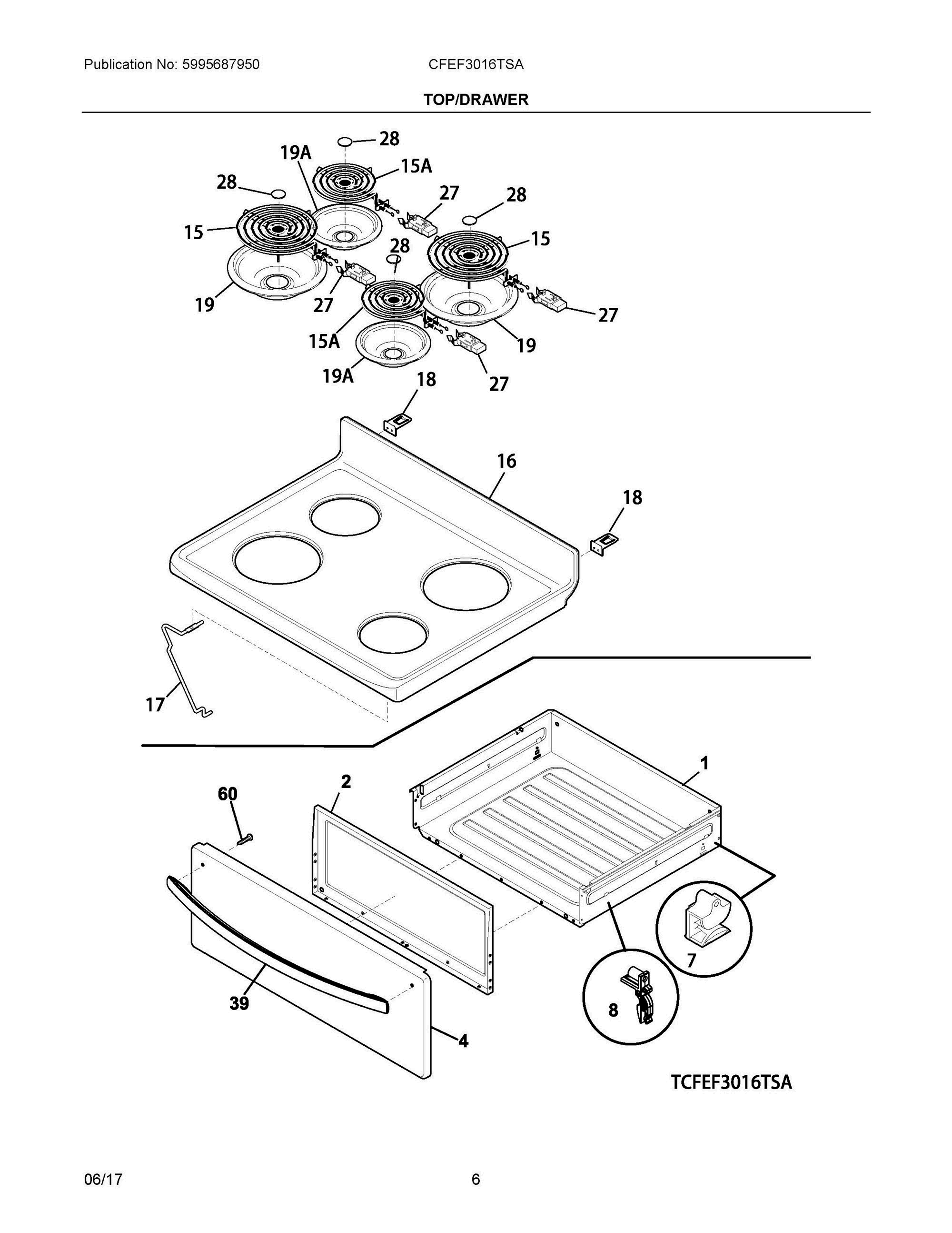 04 - TOP/DRAWER Diagram and Parts List for CFEF3016TSA  Frigidaire Range