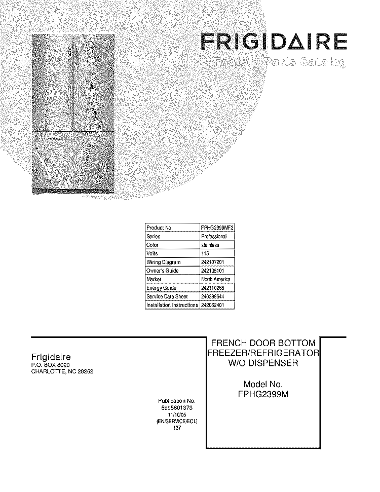 COVER Diagram and Parts List for FPHG2399MF2  Frigidaire Refrigerator