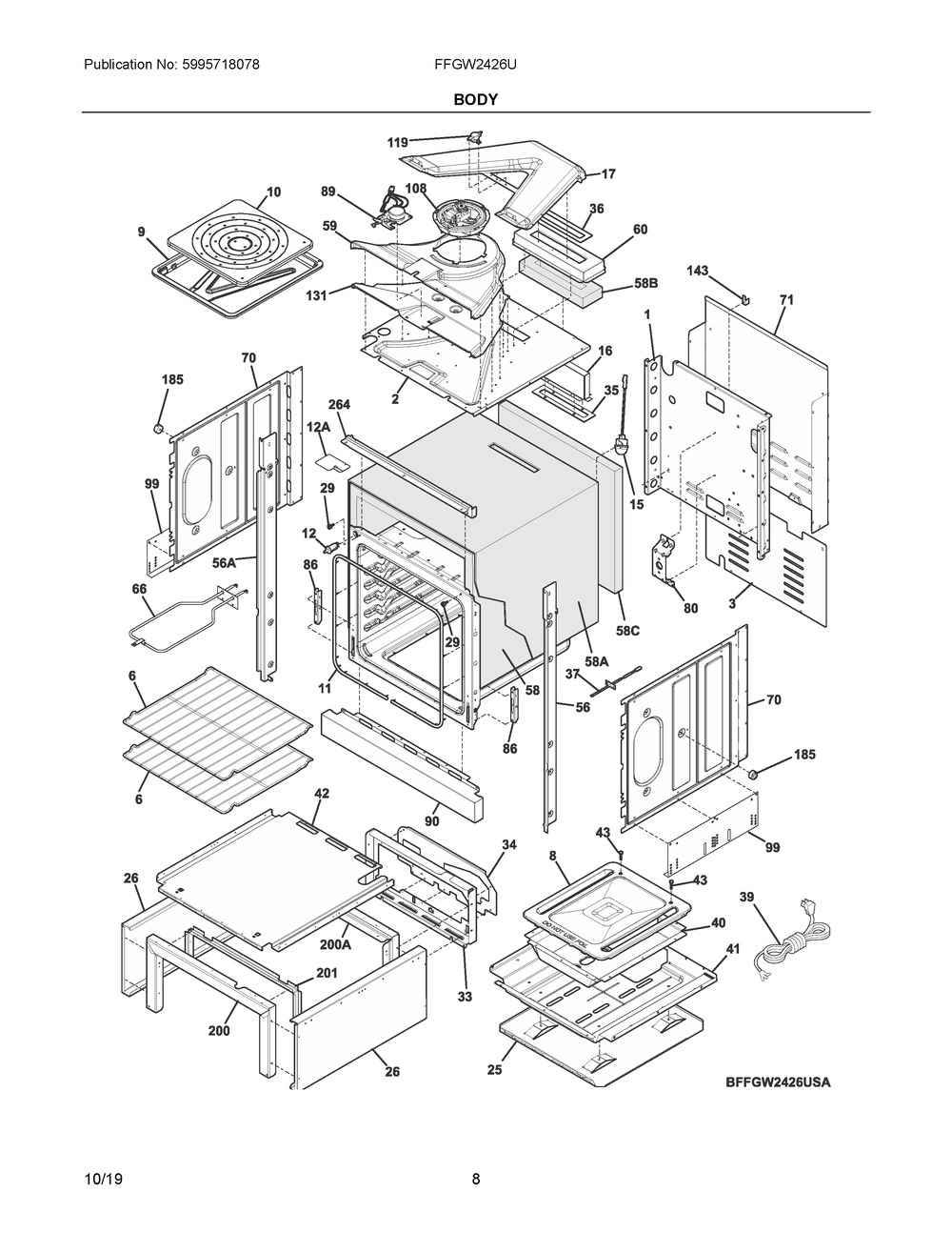 Body Diagram and Parts List for FFGW2426UBA  Frigidaire Wall Oven