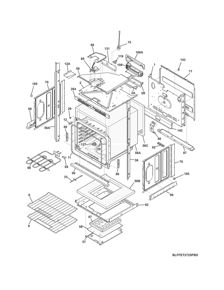 Lower Oven Diagram and Parts List for FFET2725PSD  Frigidaire Wall Oven