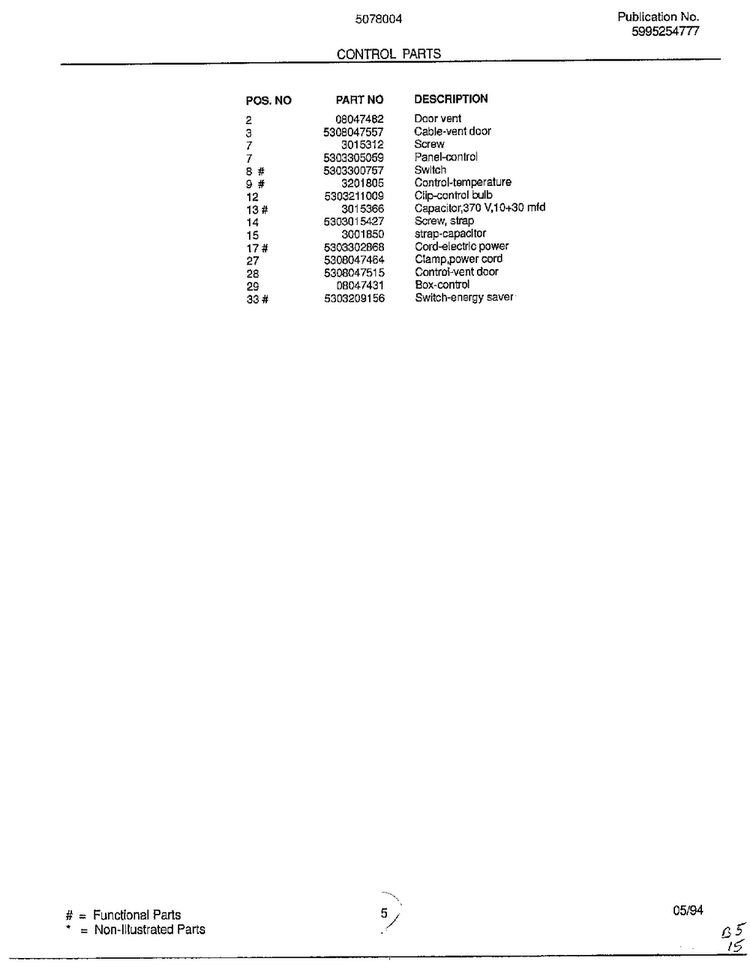 Control Parts Page 2 Diagram and Parts List for 5078004B  Frigidaire Air Conditioner