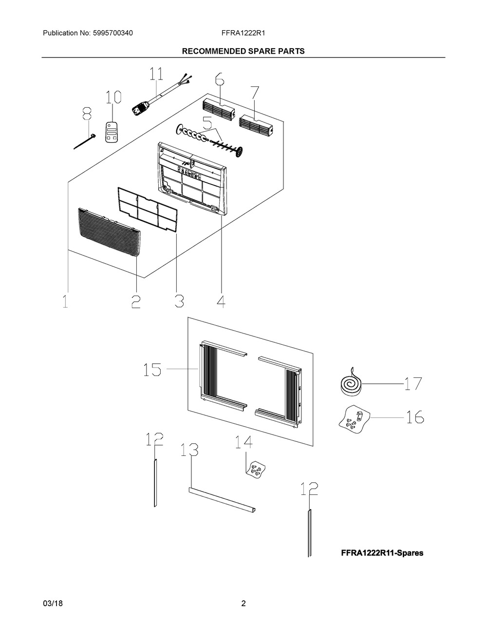 Recommended Spare Parts Diagram and Parts List for FFRA1222R11  Frigidaire Air Conditioner