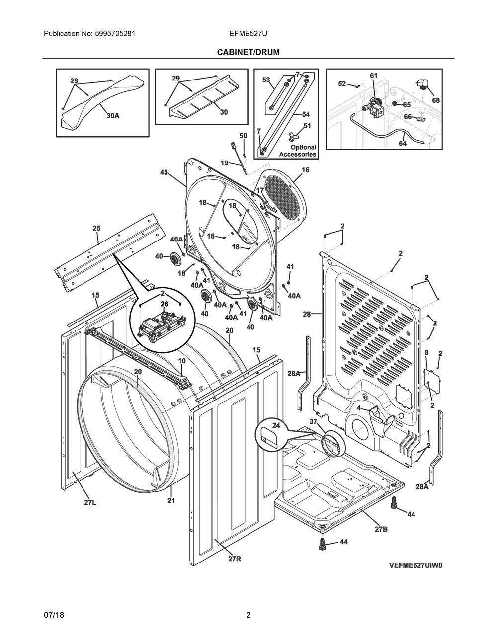 Cabinet/drum Diagram and Parts List for EFME527UIW0  Frigidaire Dryer