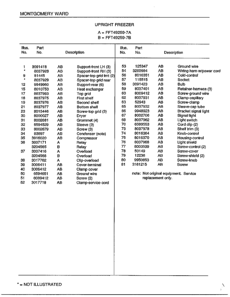 Upright Freezer Page 4 Diagram and Parts List for 49259B  Frigidaire Freezer