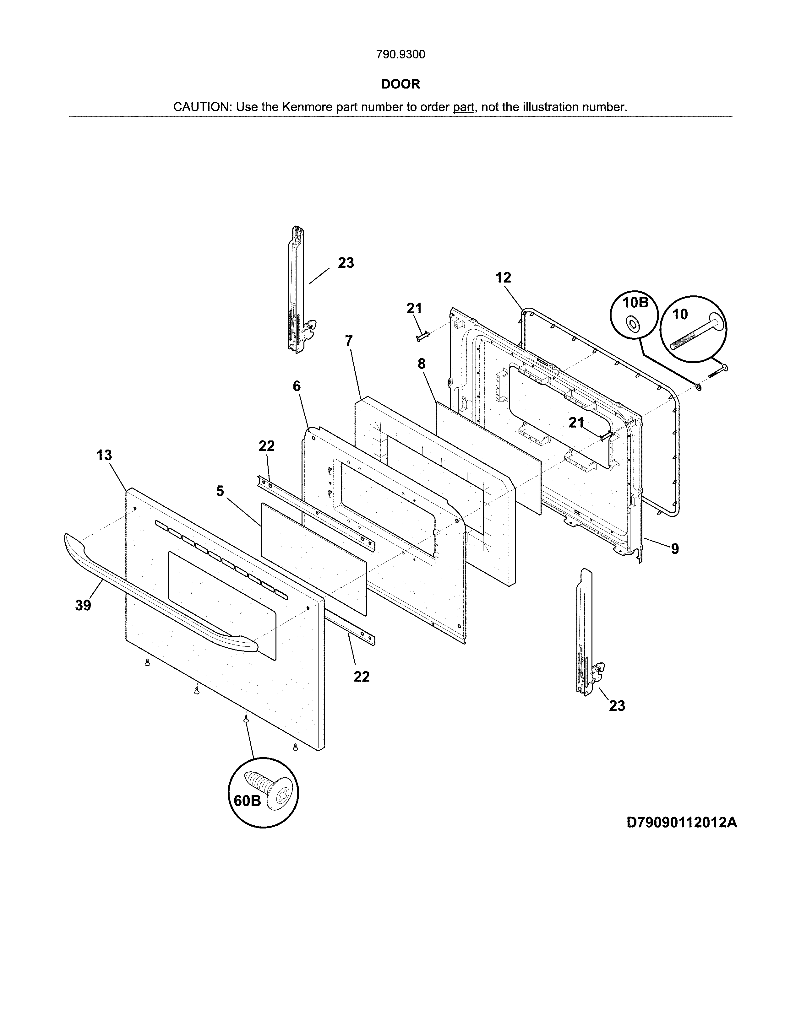 Door Diagram and Parts List for 79093002313  Kenmore Range