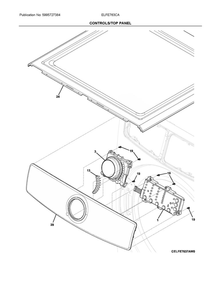 Controls/Top Panel Diagram and Parts List for ELFE763CAT0  Frigidaire Dryer