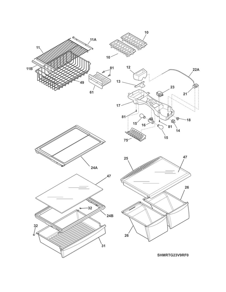 Shelves Diagram and Parts List for MRTG23V9RF0  Frigidaire Refrigerator