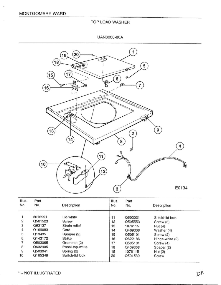 Top Load Waasher Diagram and Parts List for 6008A  Frigidaire Washer