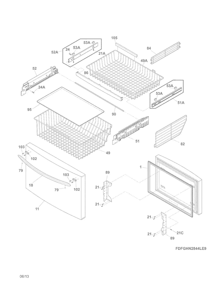 Freezer Drawer, Baskets Diagram and Parts List for FGHB2844LEH  Frigidaire Refrigerator