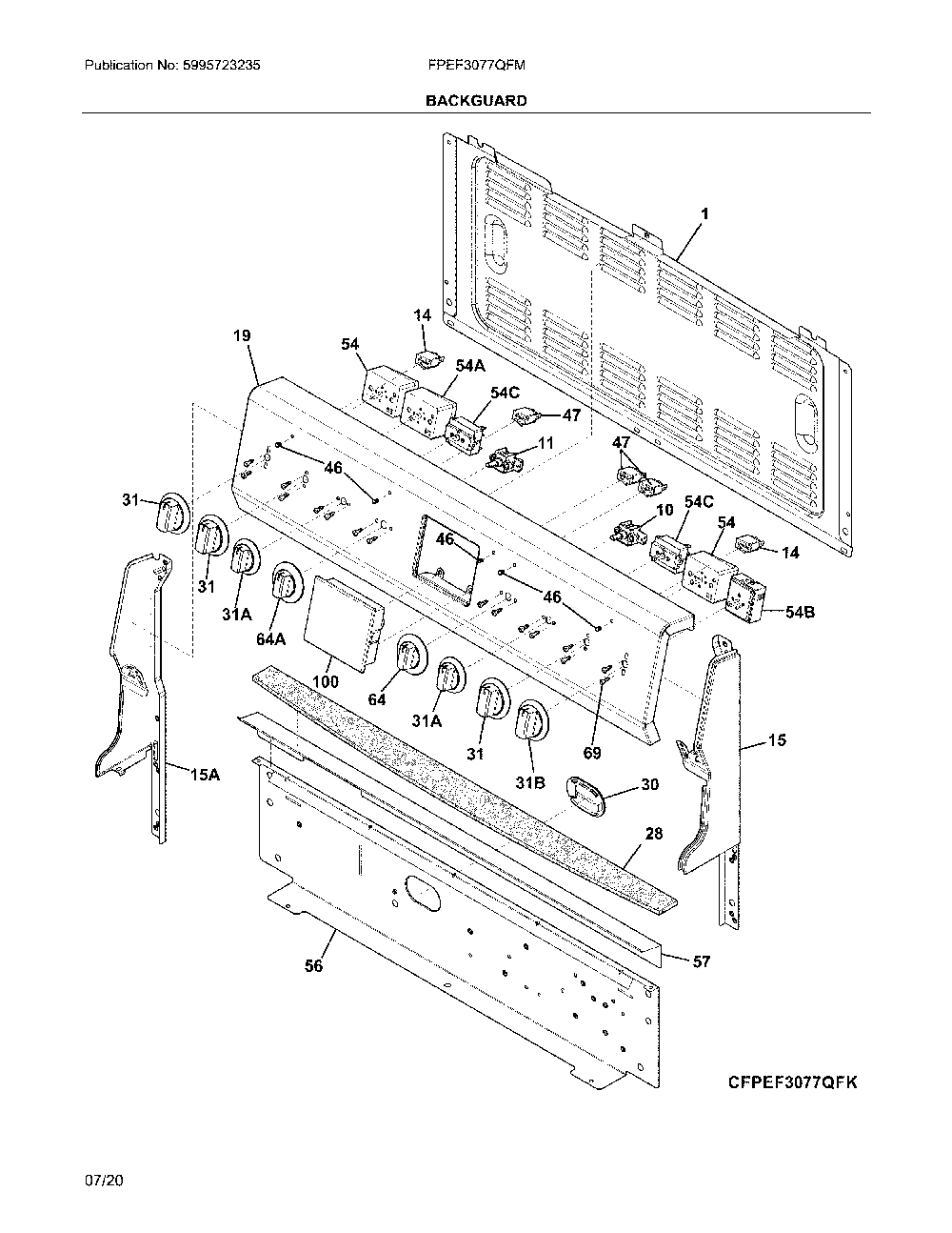 Backguard Diagram and Parts List for FPEF3077QFM  Frigidaire Range