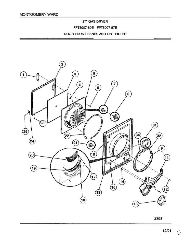 Door Front Panel And Lint Filter Diagram and Parts List for 8007-87D  Frigidaire Dryer
