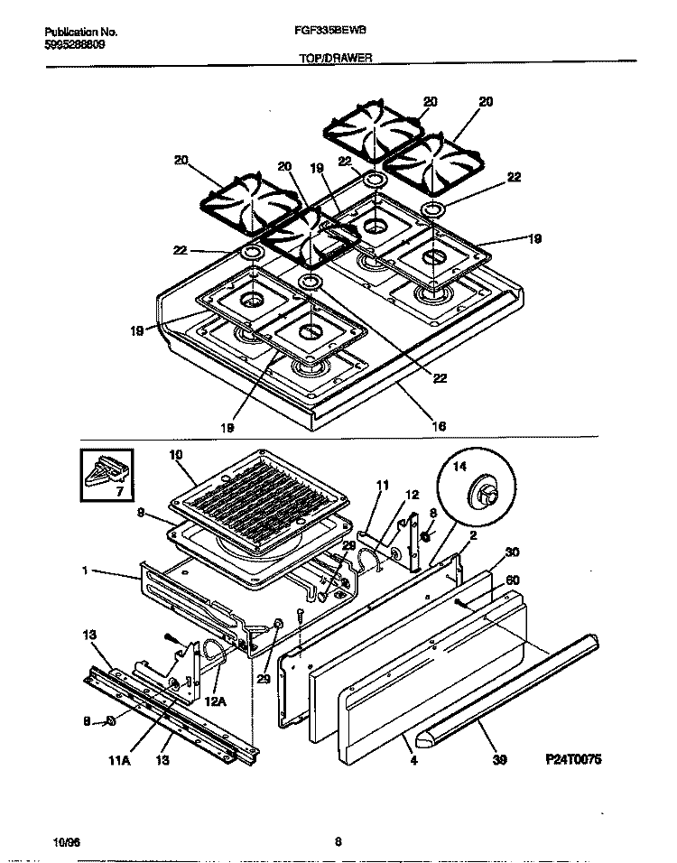 TOP / DRAWER Diagram and Parts List for FGF335BEWB  Frigidaire Range