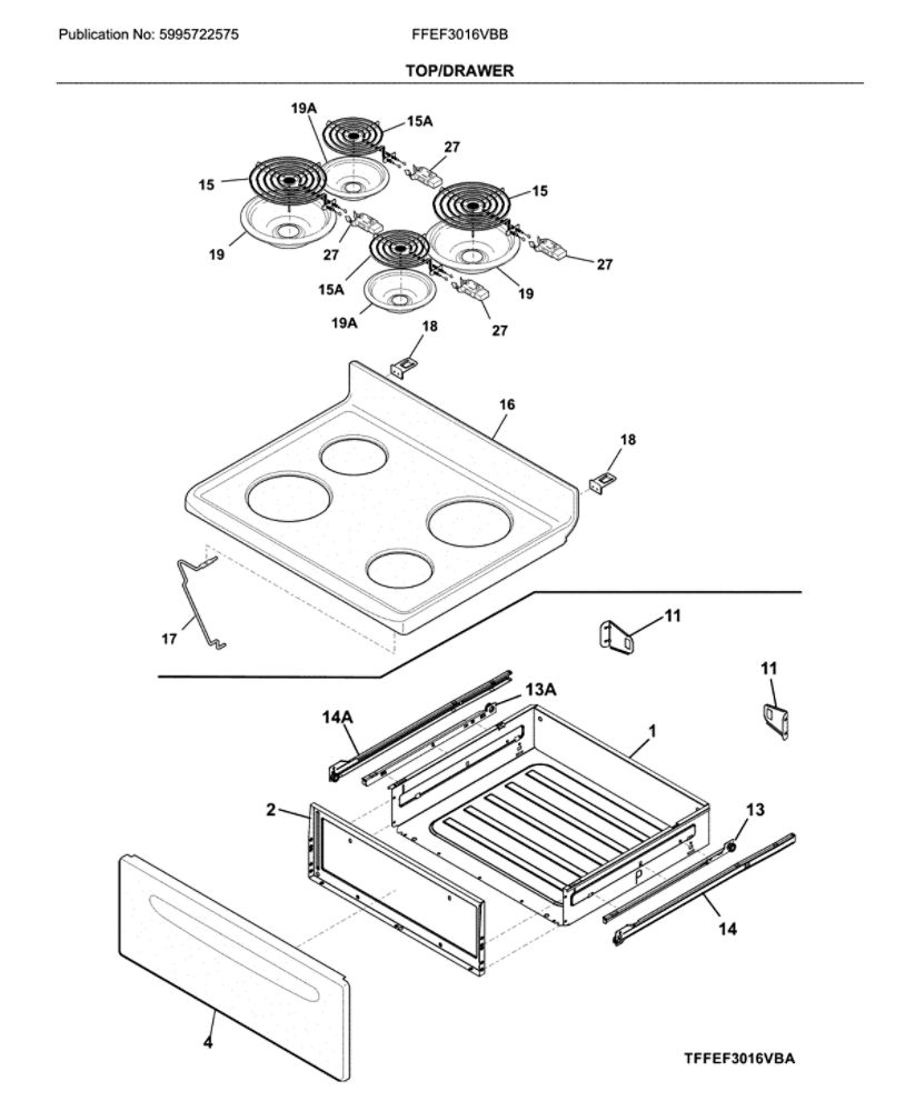 Top/Drawer Diagram and Parts List for FFEF3016VBB  Frigidaire Range