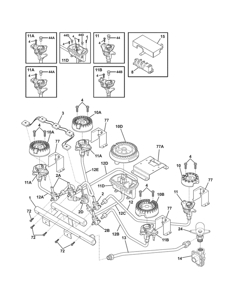 Burner Diagram and Parts List for EW36GC55GS3  Electrolux Cooktop