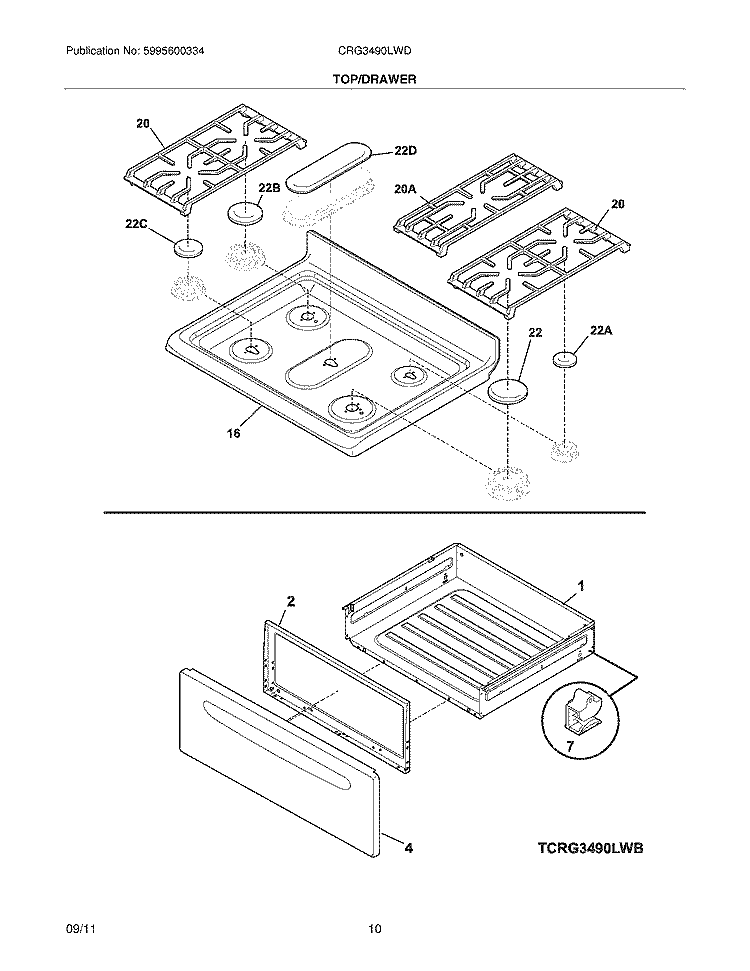 TOP/DRAWER Diagram and Parts List for CRG3490LWD  Crosley Range
