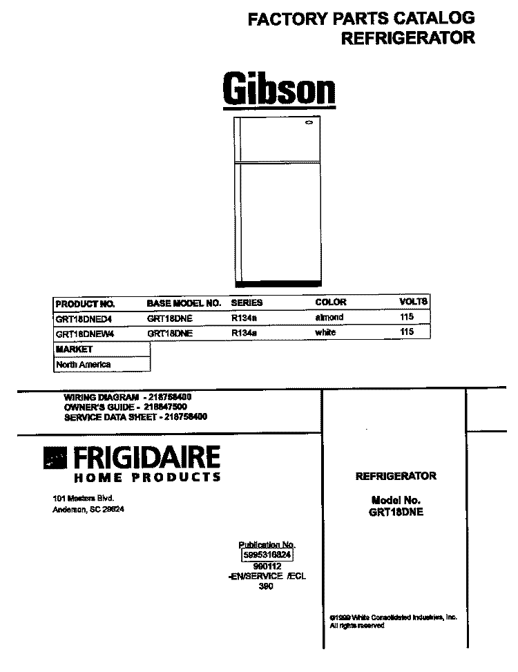 COVER Diagram and Parts List for GRT18DNED4  Gibson Refrigerator