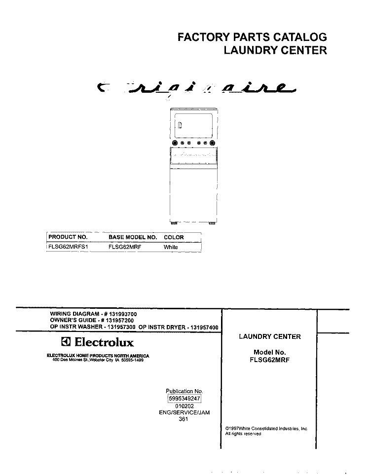 COVER Diagram and Parts List for FLSG62MRFS1  Frigidaire Washer Dryer Combo