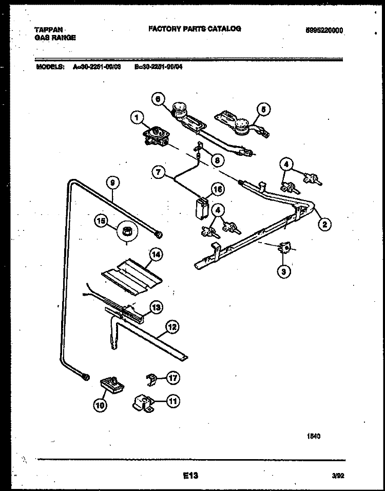 BURNER PARTS Diagram and Parts List for 30-2251-00-03  Tappan Range