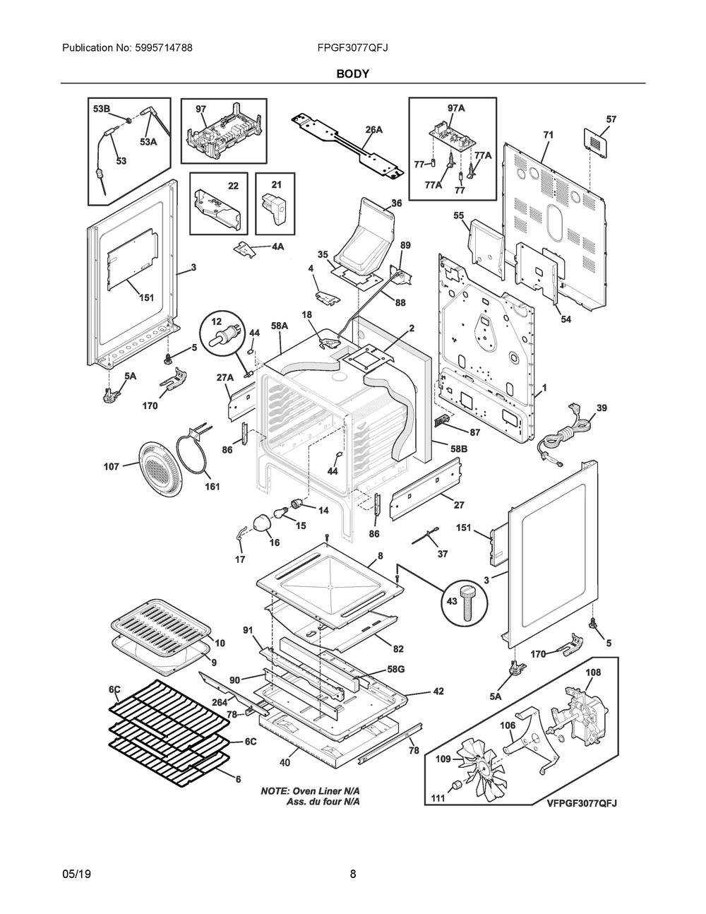 Body Diagram and Parts List for FPGF3077QFJ  Frigidaire Range
