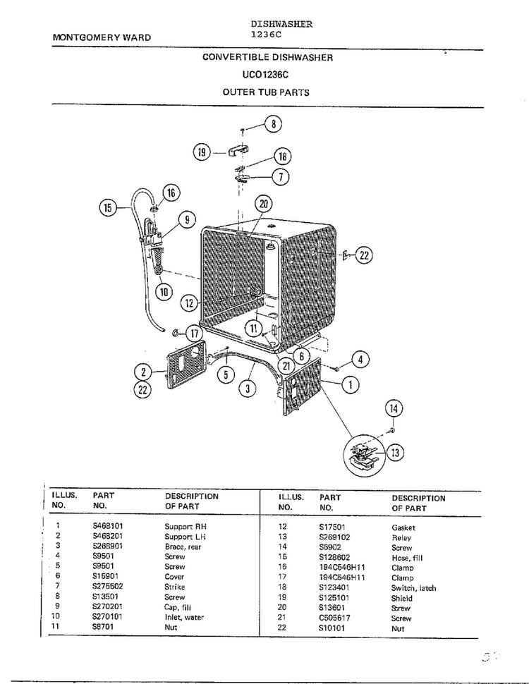 Outer Tub Parts Diagram and Parts List for 1236C  Frigidaire Dishwasher
