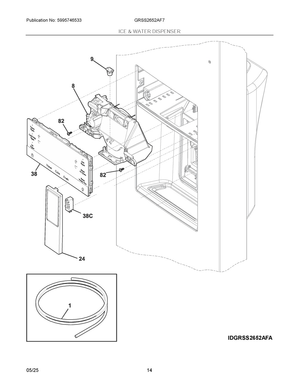 Ice And Water Dispenser Diagram and Parts List for GRSS2652AF7  Frigidaire Refrigerator
