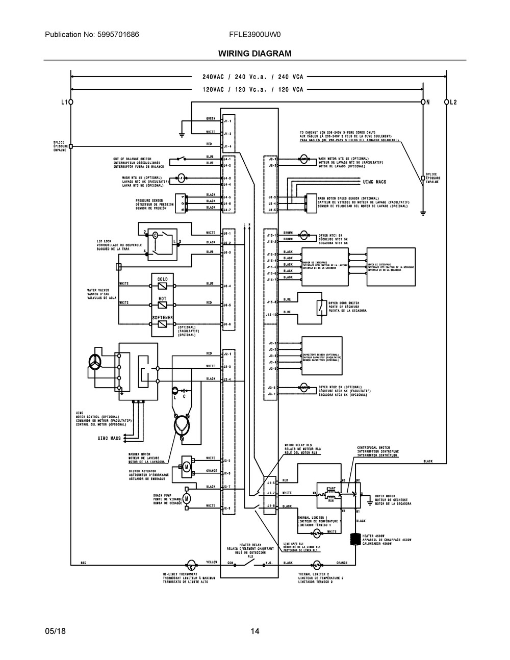 Wiring Diagram Diagram and Parts List for FFLE3900UW0  Frigidaire Washer Dryer Combo