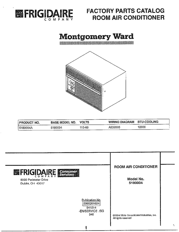 Room Air Conditioner/front Cover Diagram and Parts List for 5180004A  Frigidaire Air Conditioner