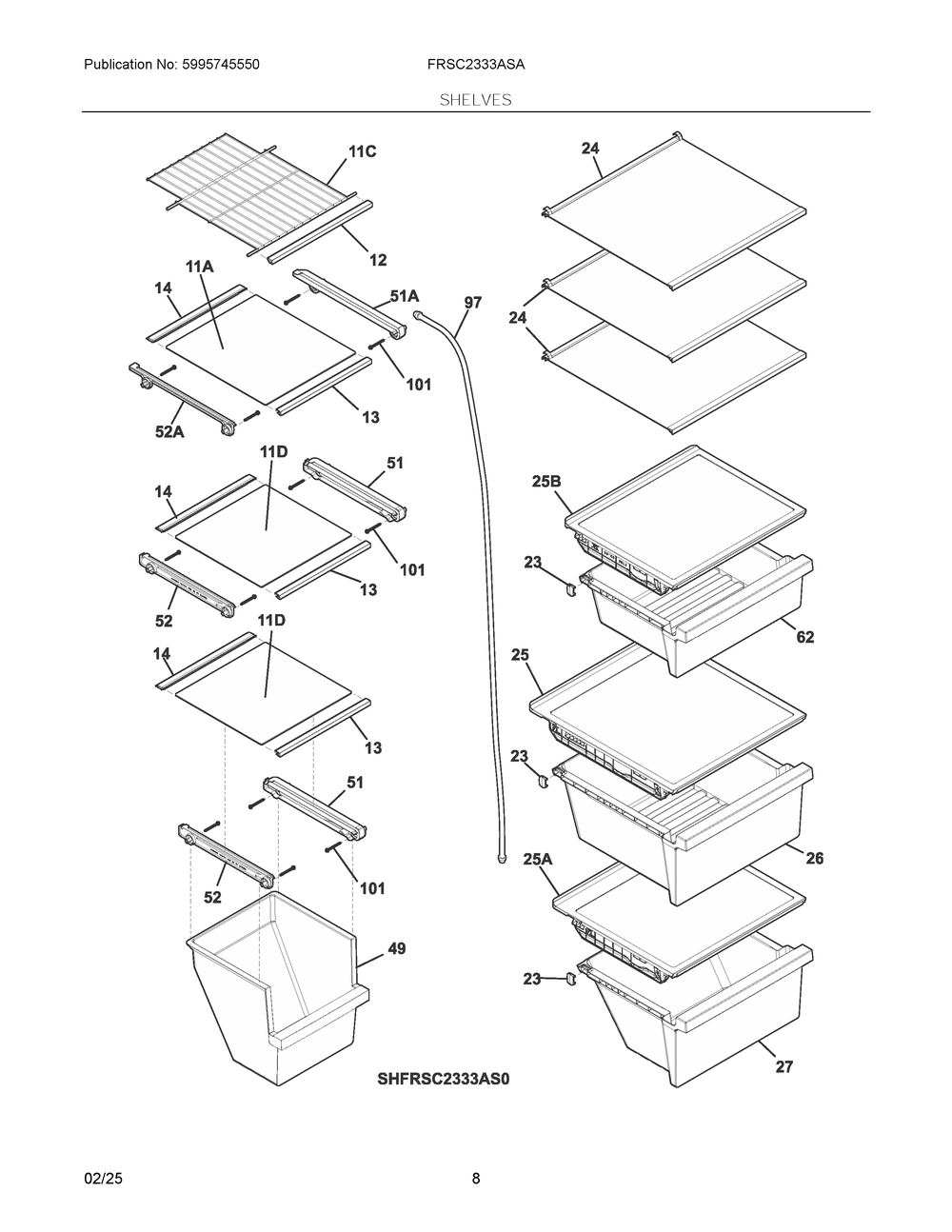 Shelves Diagram and Parts List for FRSC2333ASA  Frigidaire Refrigerator