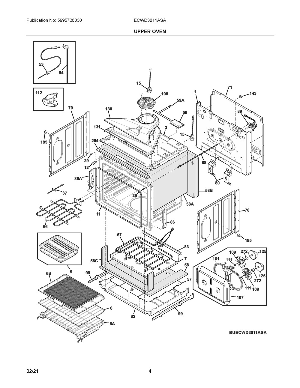 Upper Oven Diagram and Parts List for ECWD3011ASA  Frigidaire Wall Oven