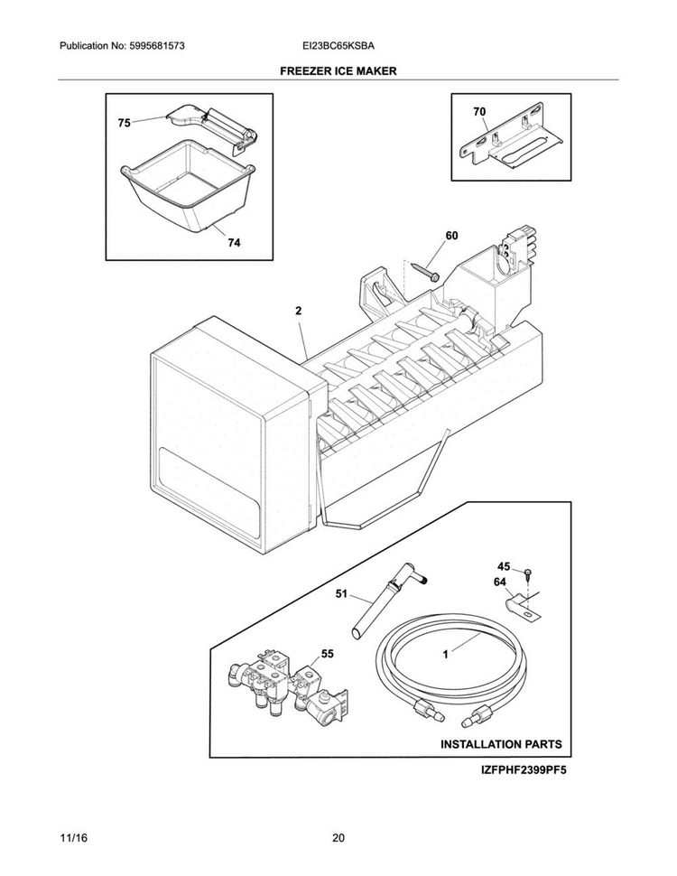 Freezer Ice Maker Diagram and Parts List for EI23BC65KSBA  Electrolux Refrigerator