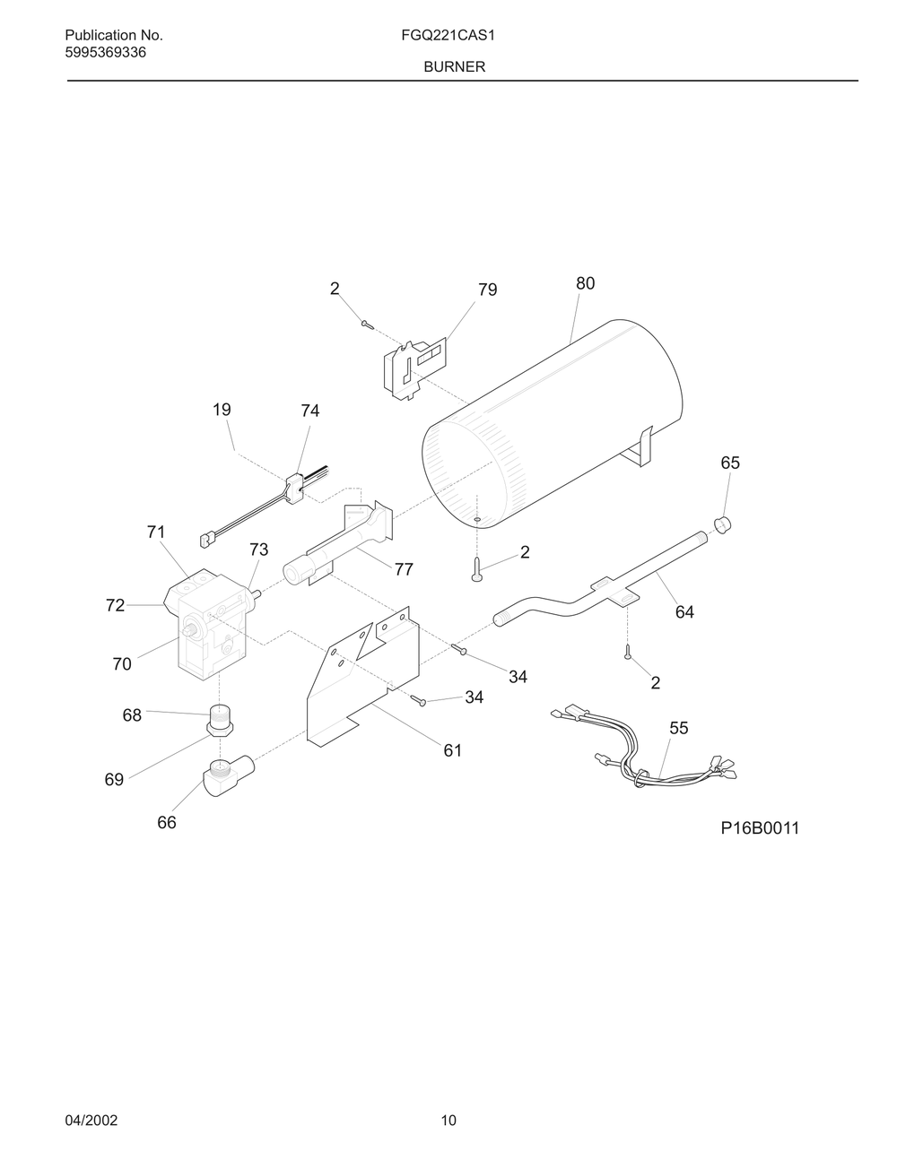 Burner Diagram and Parts List for FGQ221CAS1  Frigidaire Dryer