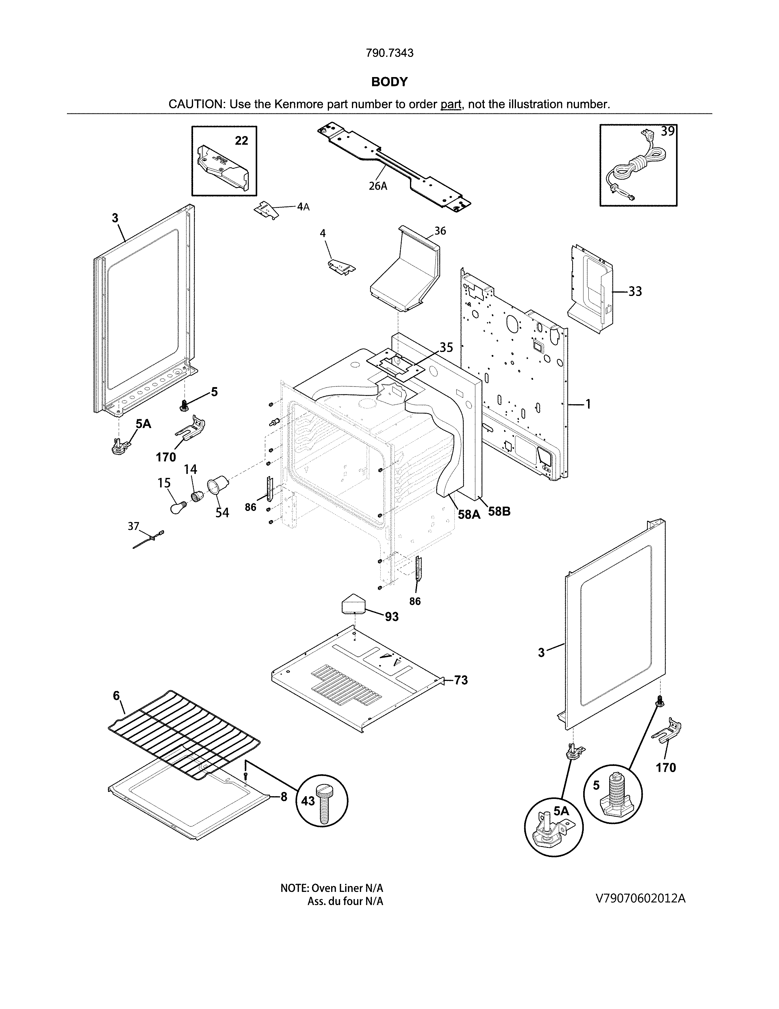 Body Diagram and Parts List for 79073439314  Kenmore Range