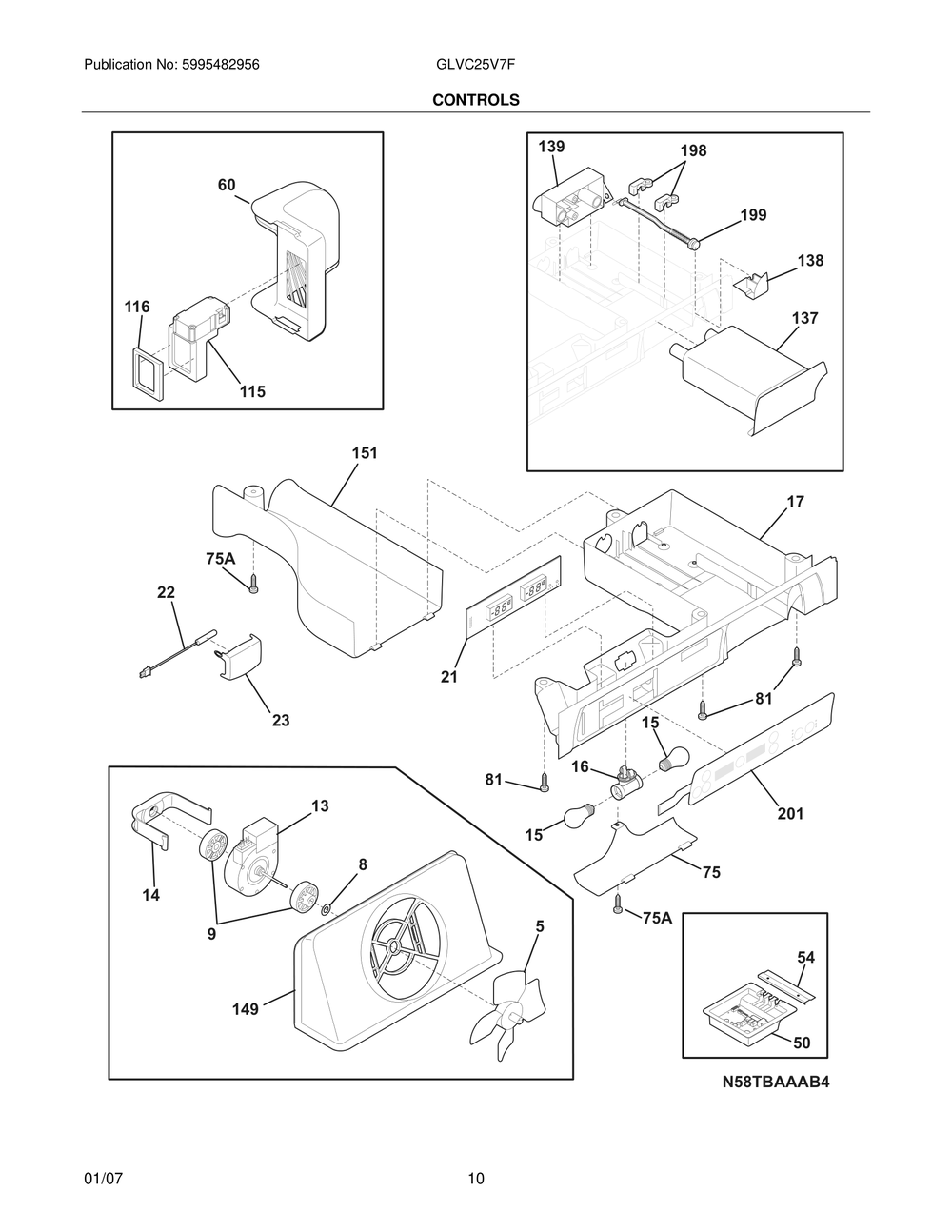Controls Diagram and Parts List for GLVC25V7FW2  Frigidaire Refrigerator