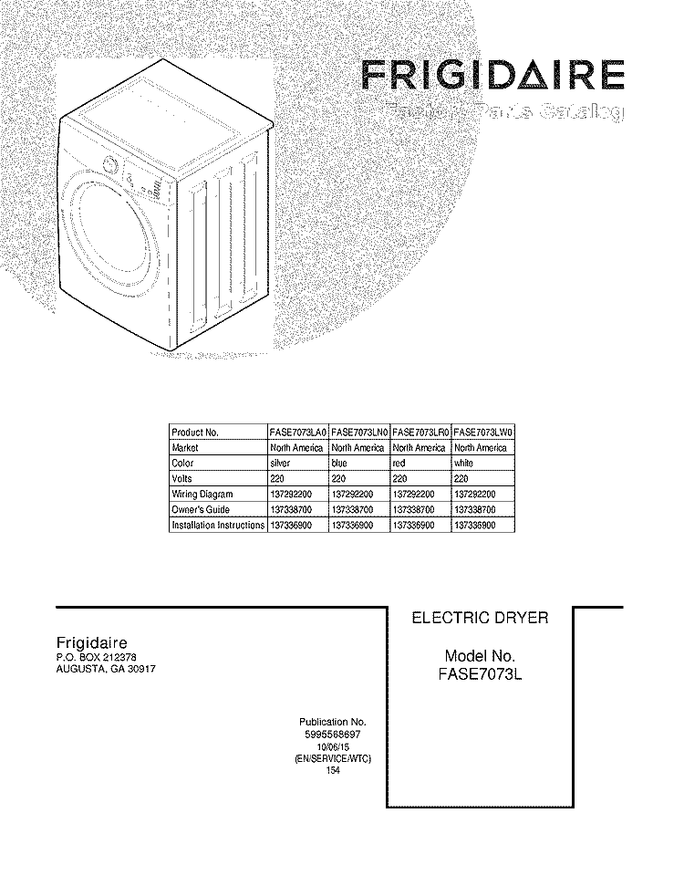 COVER Diagram and Parts List for FASE7073LA0  Frigidaire Dryer