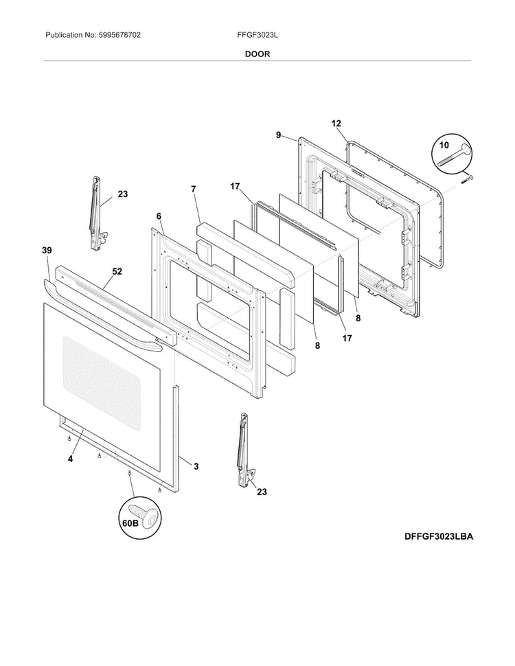 Door Diagram and Parts List for FFGF3023LBG  Frigidaire Range