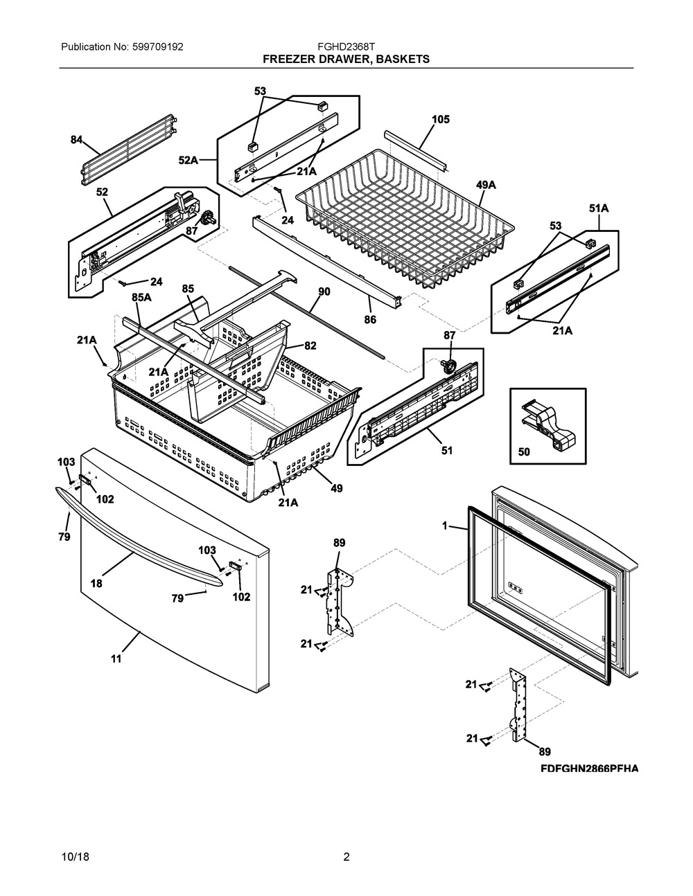Freezer Drawer, Baskets Diagram and Parts List for FGHD2368TF4  Frigidaire Refrigerator