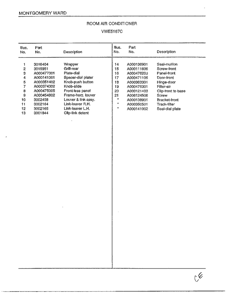 Room Air Conditioner Page 2 Diagram and Parts List for 5187C  Frigidaire Air Conditioner