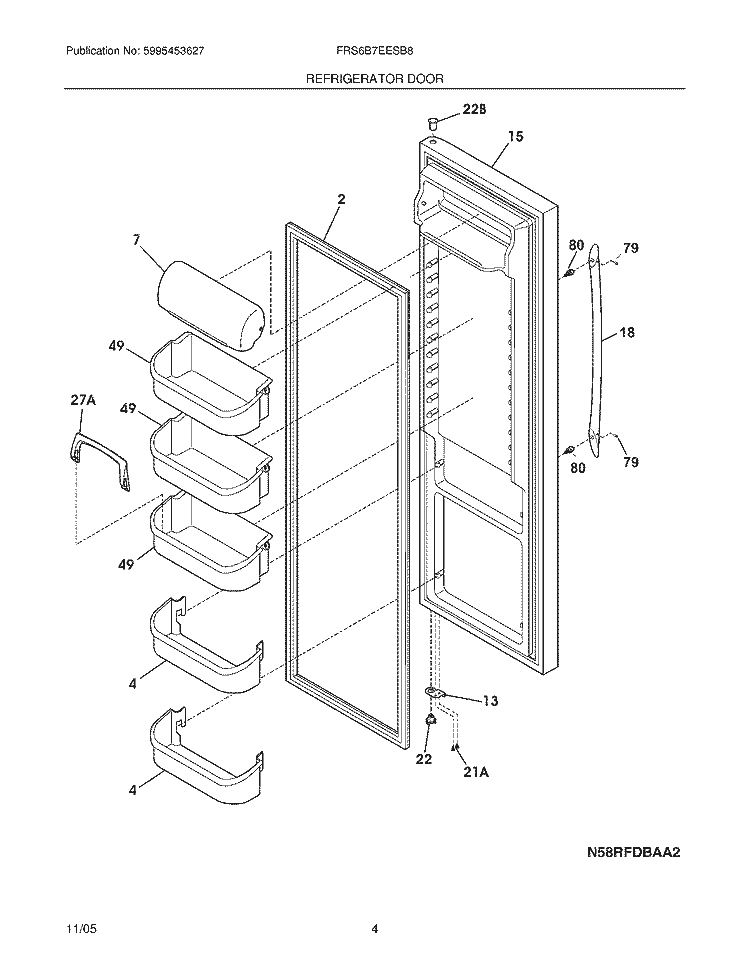 REFRIGERATOR DOOR Diagram and Parts List for FRS6B7EESB8  Frigidaire Refrigerator