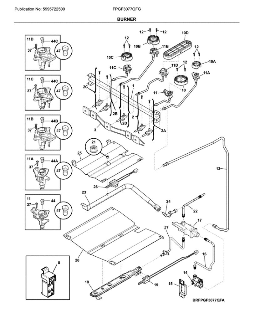 Burner Diagram and Parts List for FPGF3077QFG  Frigidaire Range