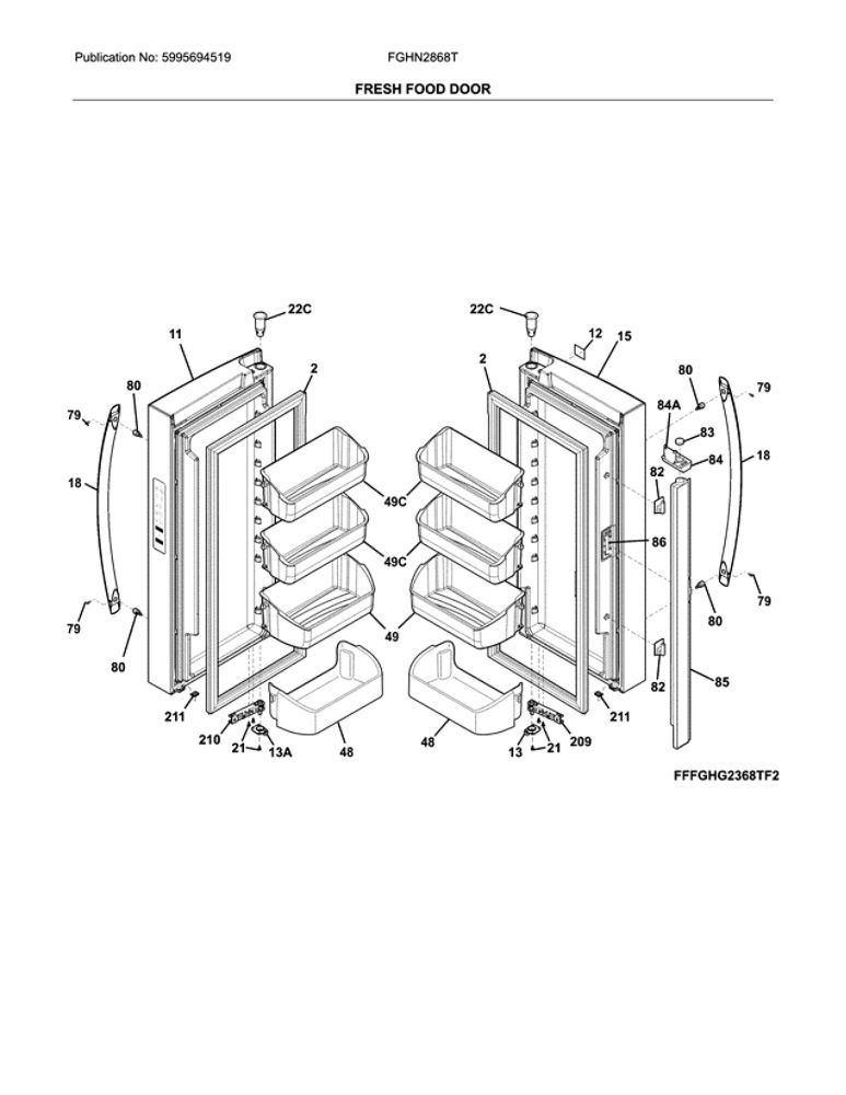 Fresh Food Door Diagram and Parts List for FGHN2868TP2  Frigidaire Refrigerator