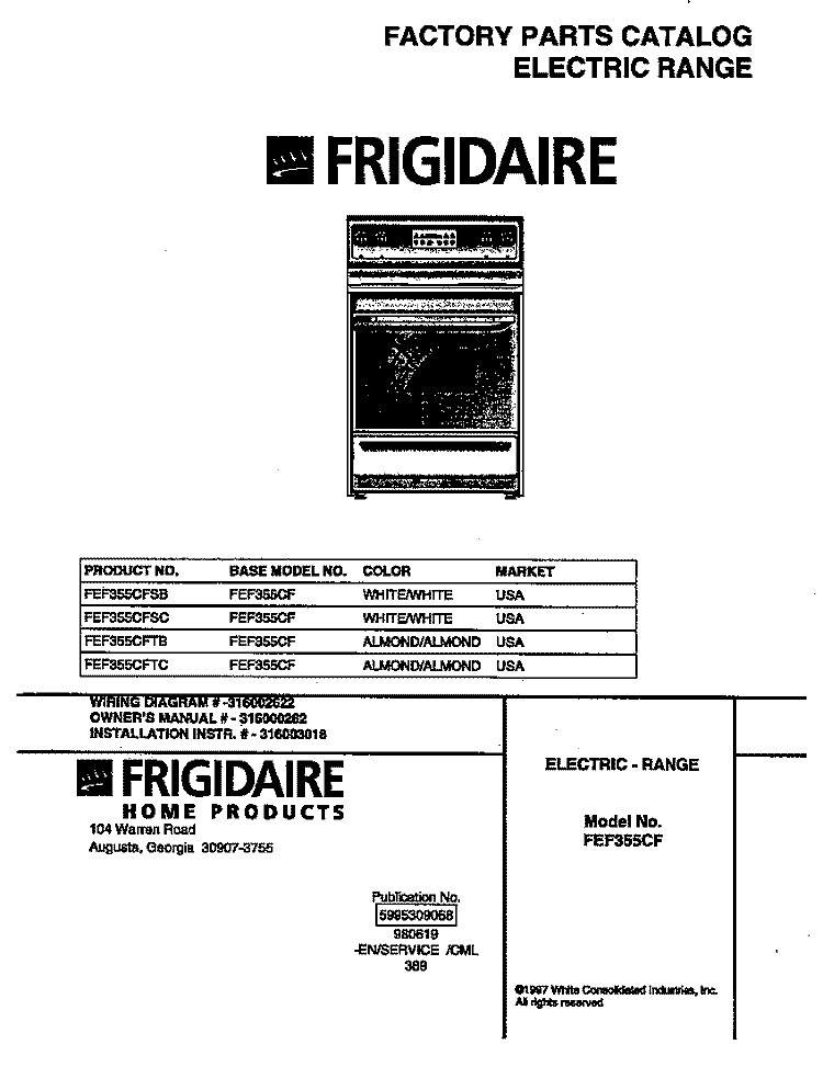 COVER Diagram and Parts List for FEF355CFSC  Frigidaire Range