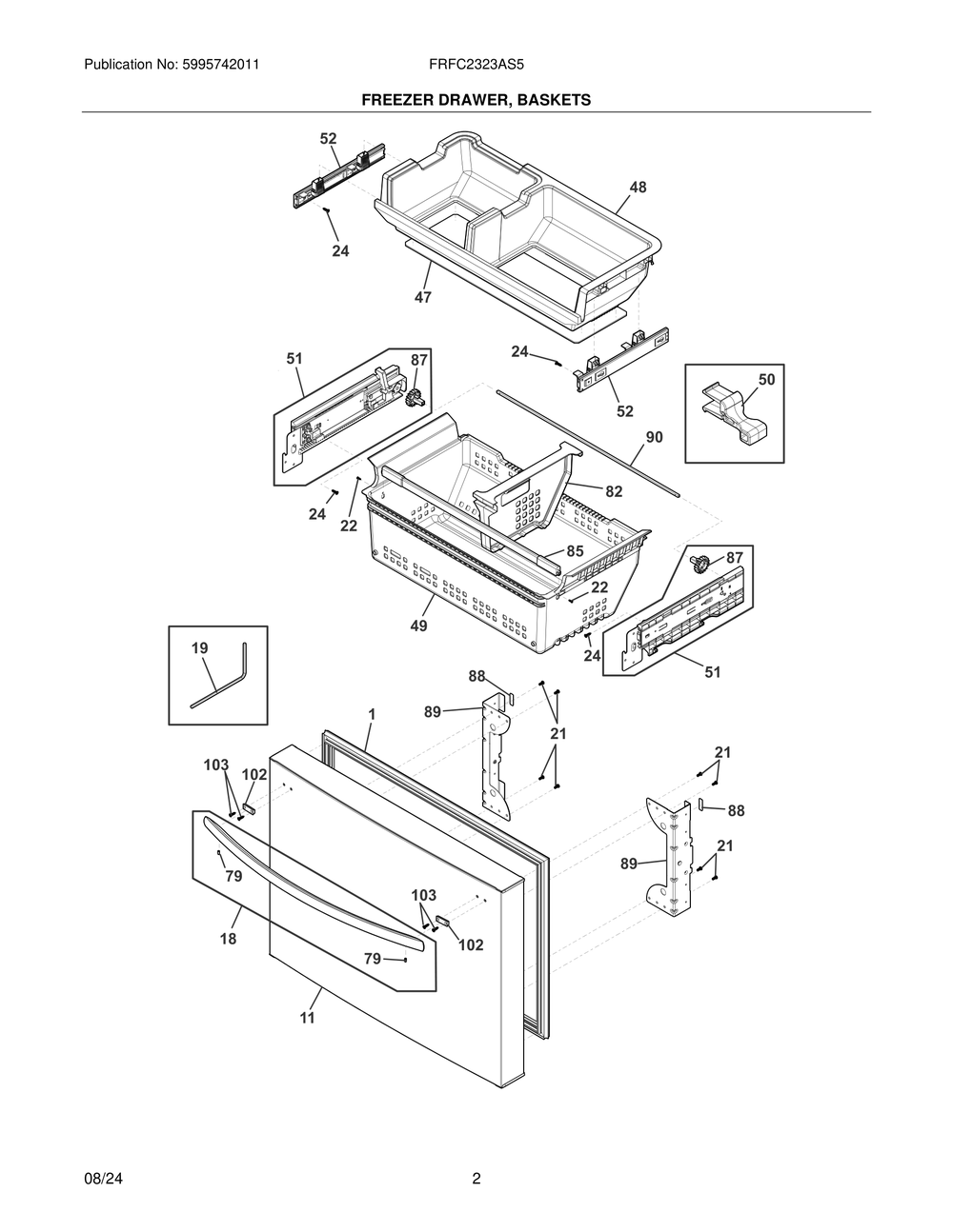 Freezer Drawer, Baskets Diagram and Parts List for FRFC2323AS5  Frigidaire Refrigerator