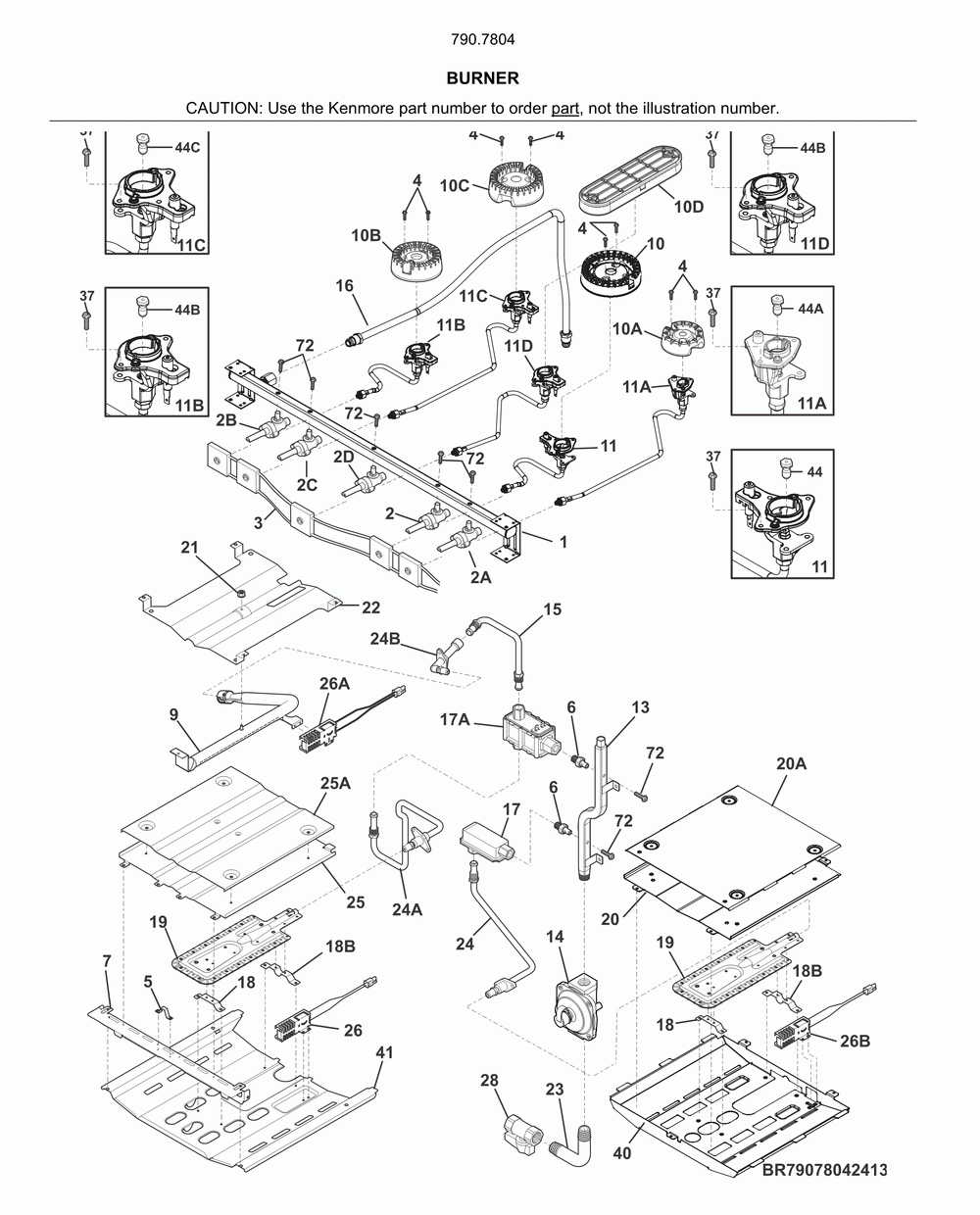 Burner Diagram and Parts List for 79078049414  Kenmore Range