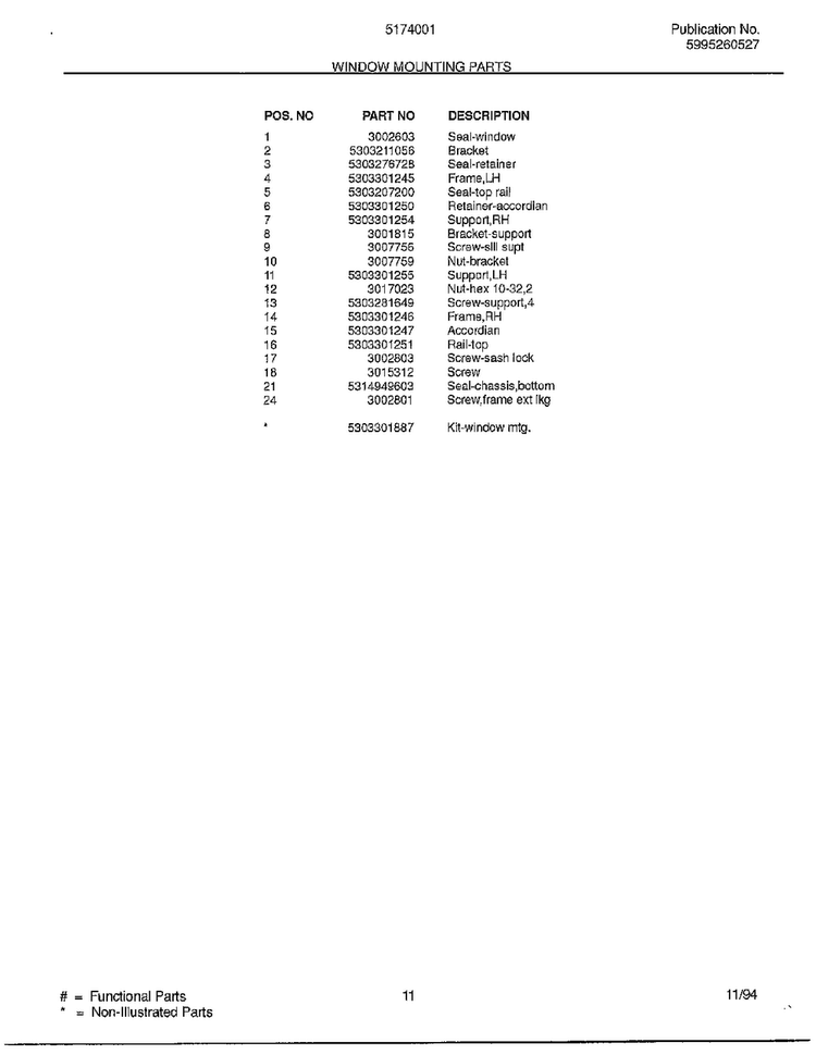 Window Mounting Parts Page 2 Diagram and Parts List for 5174001B  Frigidaire Air Conditioner
